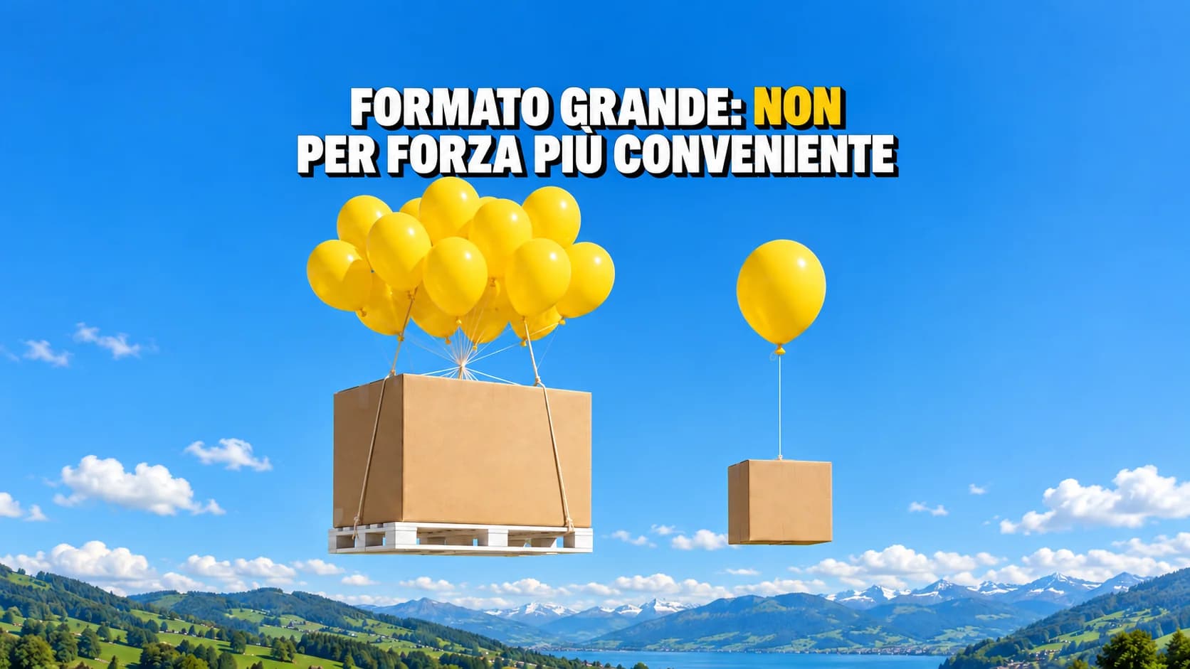 Cielo azzurro con due confezioni di cartone senza marchio sospese alla stessa altezza, la grande a un grappolo di palloncini gialli e la piccola a un solo palloncino