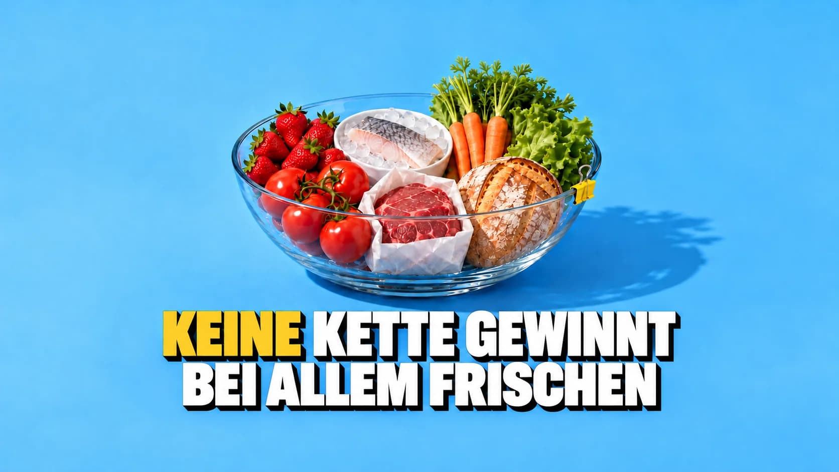 Frische Lebensmittel und Karotten vor blauem Hintergrund.