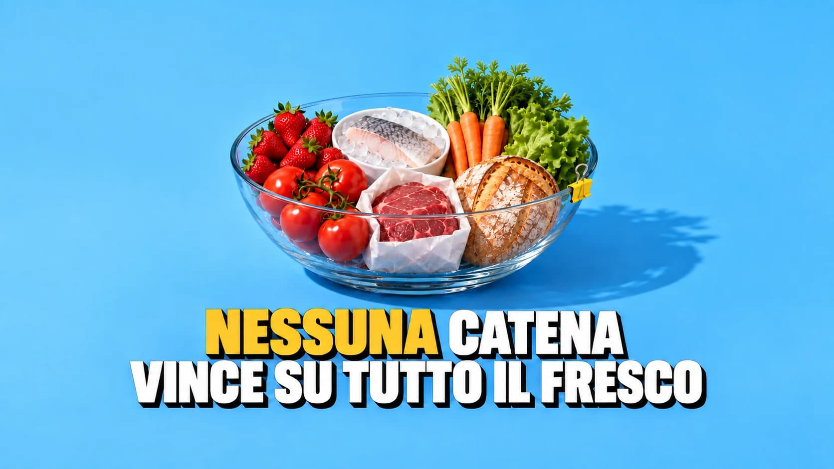 Assortimento di alimenti freschi e carote su fondo blu.