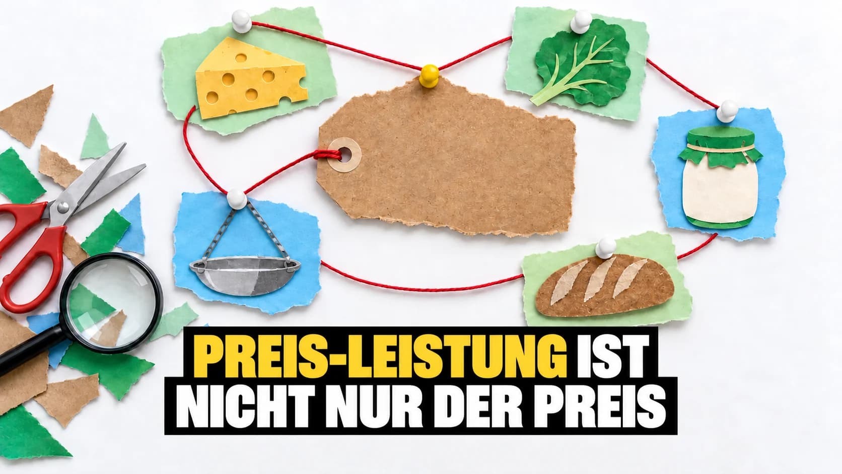 Papiercollage mit leerem Preisschild und fünf Karten, verbunden durch roten Faden.