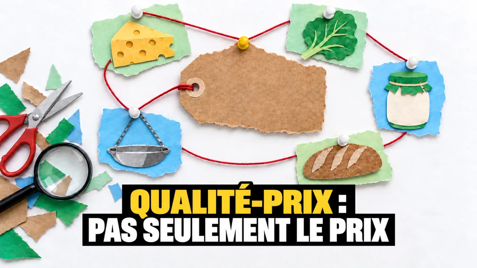 Collage de papier avec une étiquette de prix vierge et cinq cartes reliées par un fil rouge.