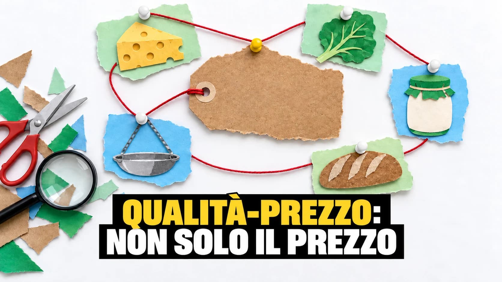 Collage di carta su lavagna bianca: un cartellino del prezzo vuoto al centro, collegato da un filo rosso a cinque cartoncini ritagliati.