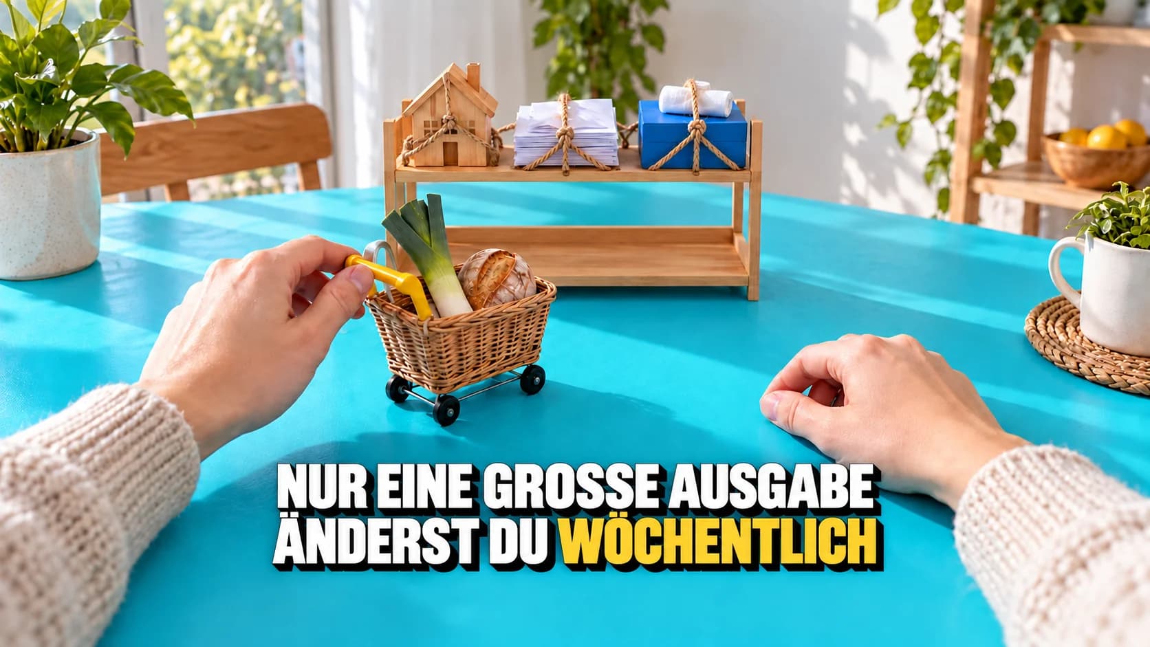 Hände vergleichen festgebundene Haushaltssymbole mit einem beweglichen Einkaufswagen.