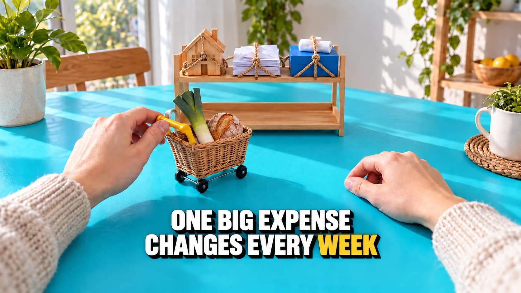 Hands compare tied household-expense objects with a movable shopping trolley.
