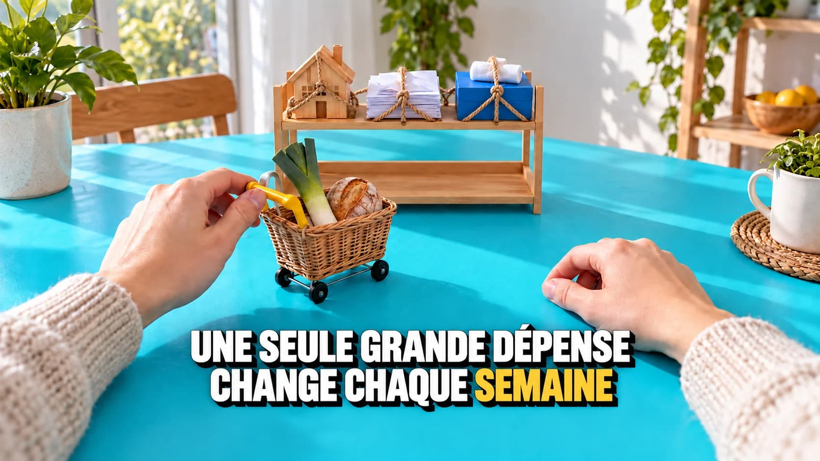 Des mains comparent des objets attachés de dépenses fixes à un petit chariot mobile.