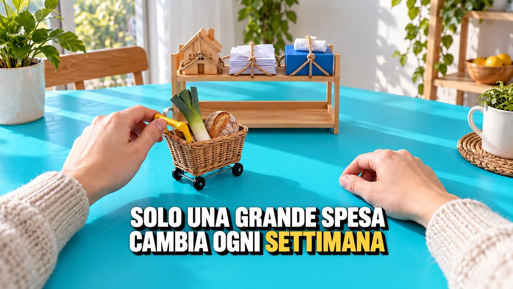 Mani confrontano oggetti legati delle spese fisse e un piccolo carrello mobile.