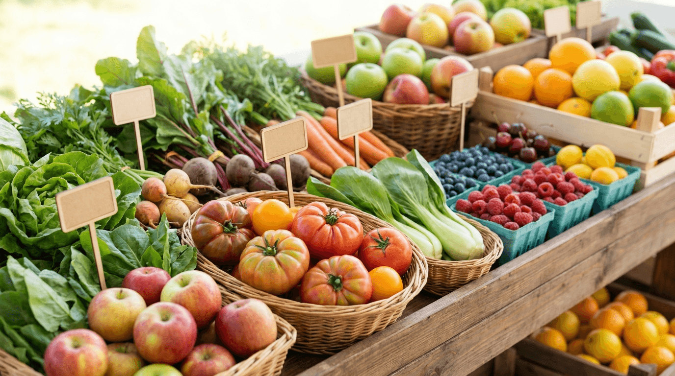 Fresh organic vegetables and fruit on a market stall with empty price-tag holders