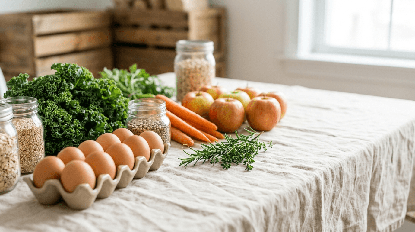 Fresh organic produce, eggs and grains in jars on linen – quality and trust