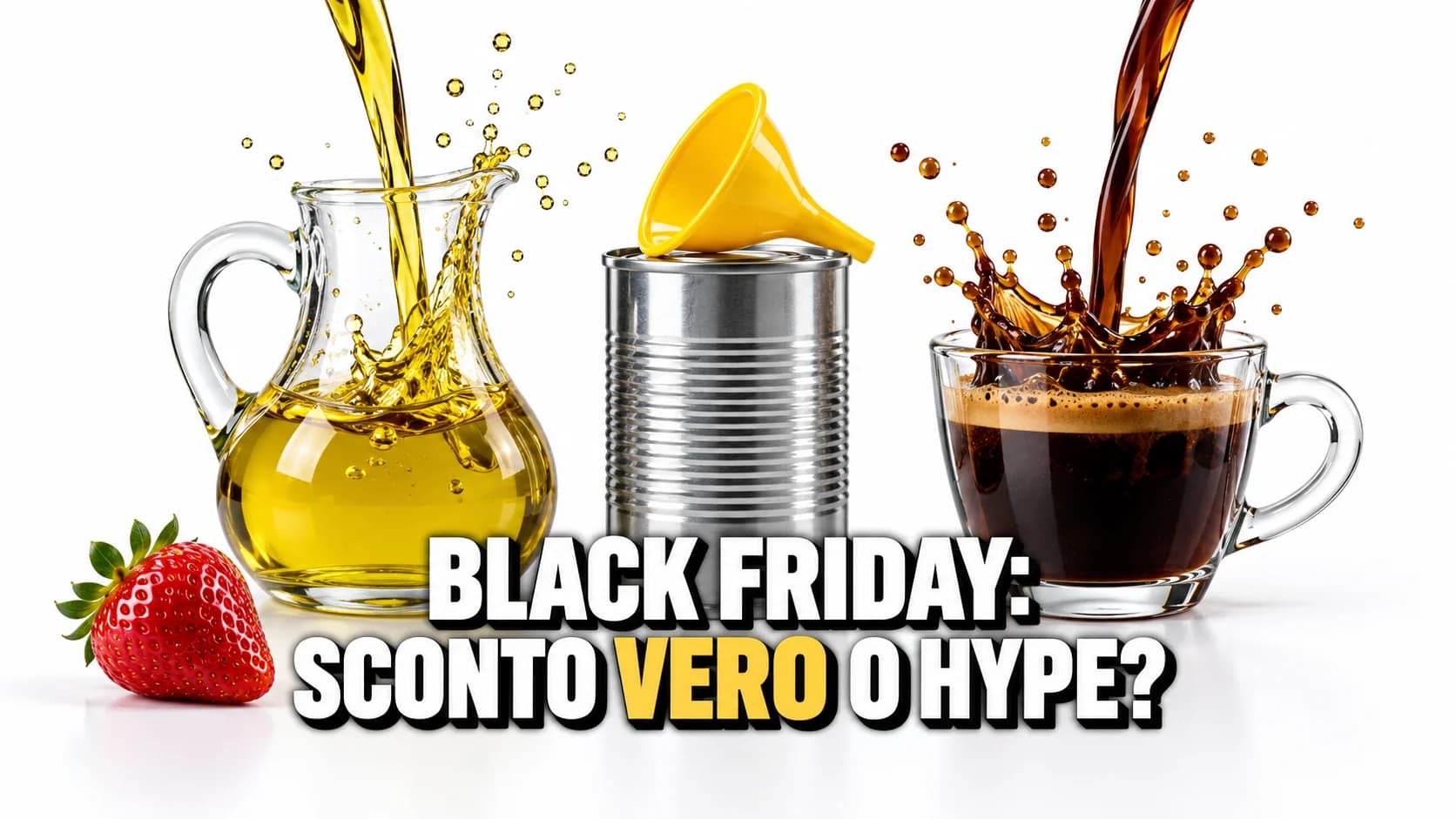 Olio e caffè versati e congelati a mezz’aria in due contenitori di vetro, accanto una scatoletta chiusa e una fragola immobile