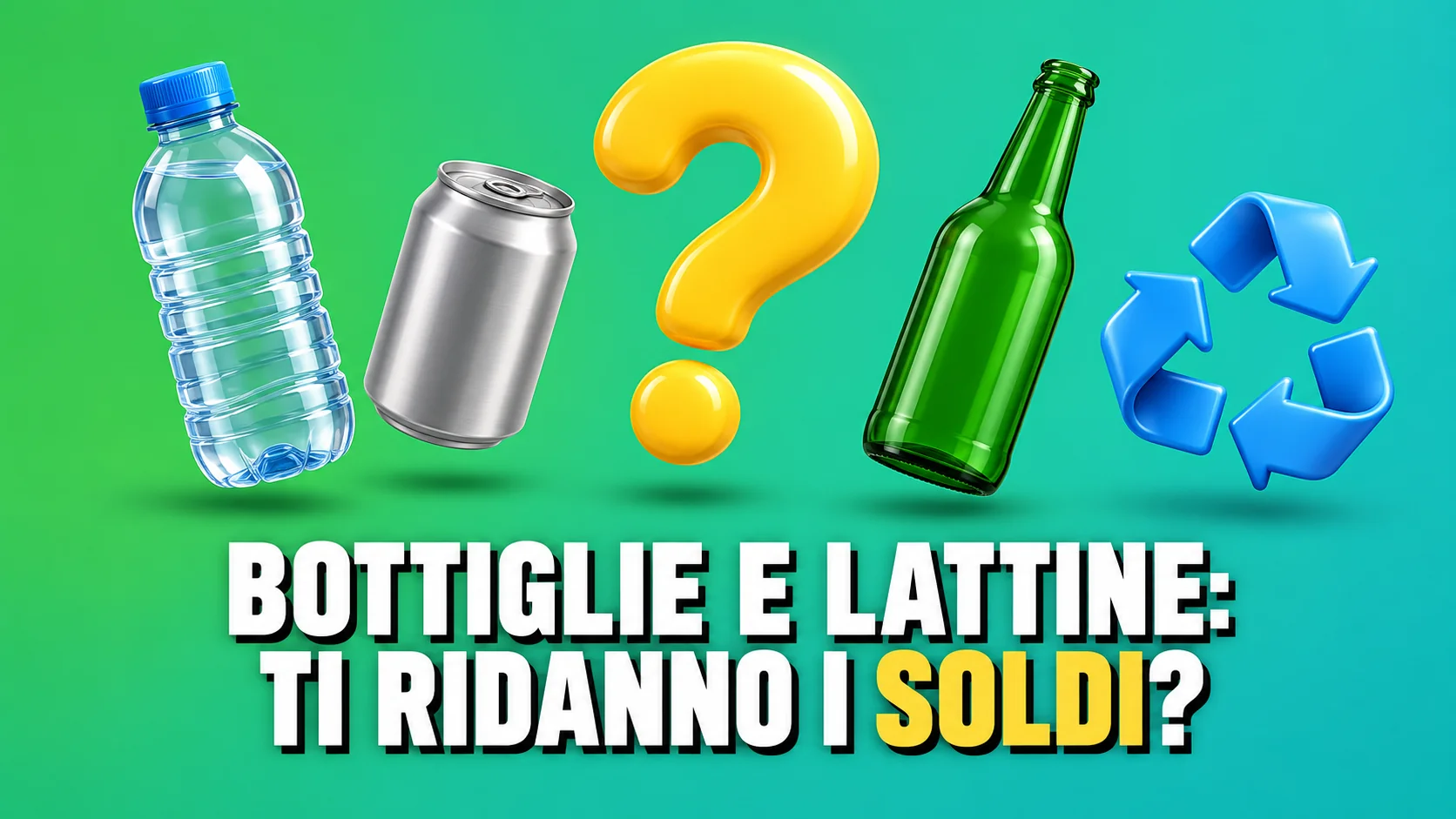 Icone 3D lucide di una bottiglia PET, una lattina, una bottiglia di vetro e un punto interrogativo giallo su fondo verde e turchese.