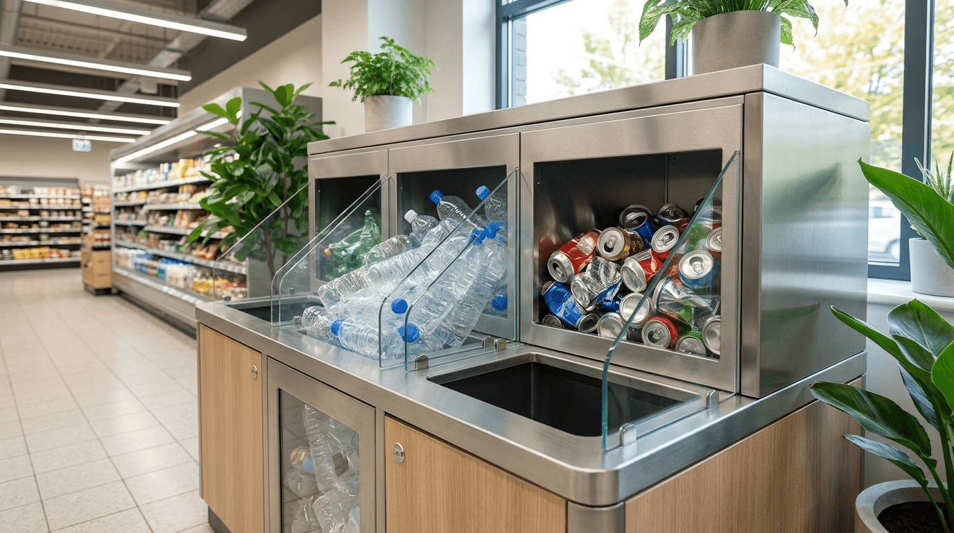 Leere PET-Flaschen, Aludosen und Glasflaschen vor einer Schweizer Supermarkt-Sammelstelle, Rückgabe gratis ohne Pfand