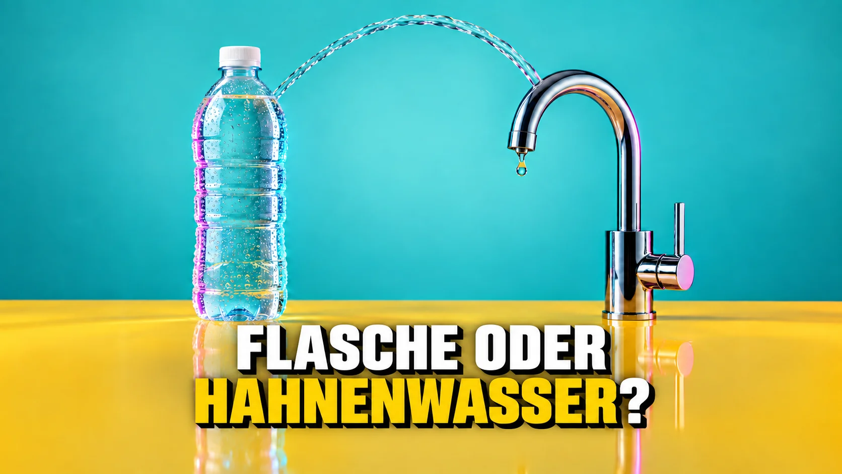Unetikettierte Wasserflasche und Chromwasserhahn auf einem gelben Sockel bei farbigem Licht.