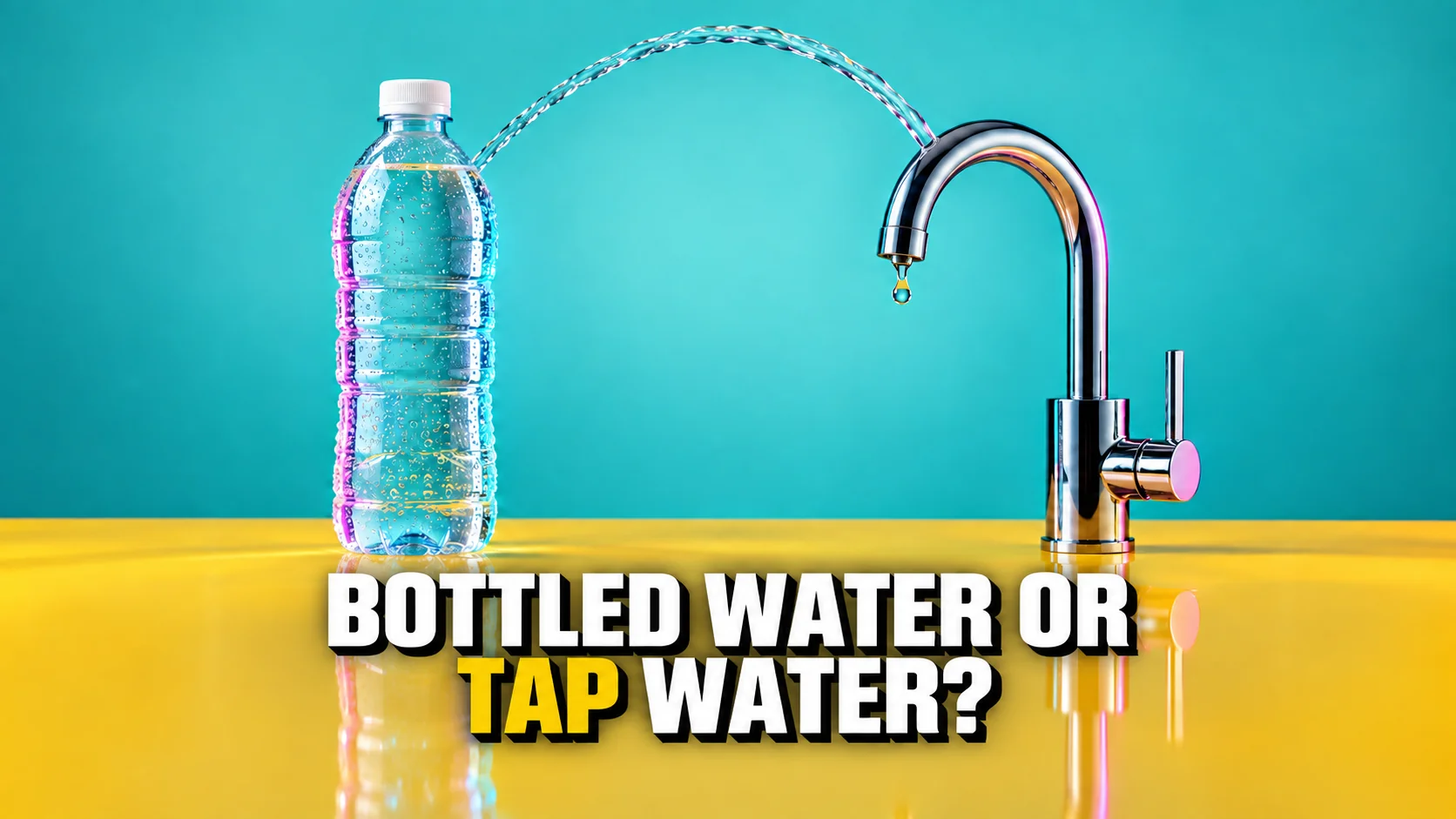 Unlabelled water bottle and chrome tap on a yellow block under coloured lights.