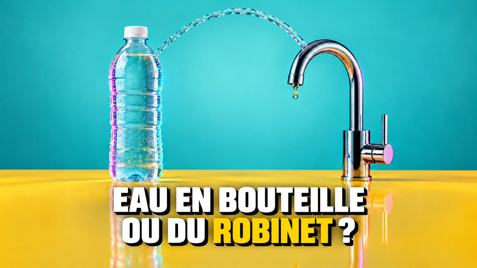 Bouteille d’eau sans étiquette et robinet chromé sur un socle jaune, sous des lumières colorées.