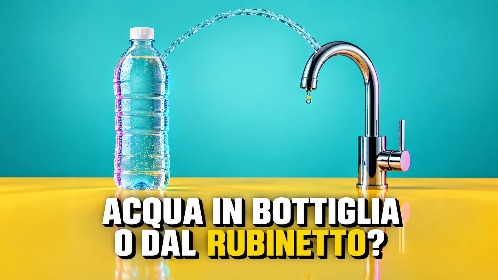 Bottiglia d’acqua trasparente senza etichetta e rubinetto cromato affiancati su un blocco giallo, con luci colorate.