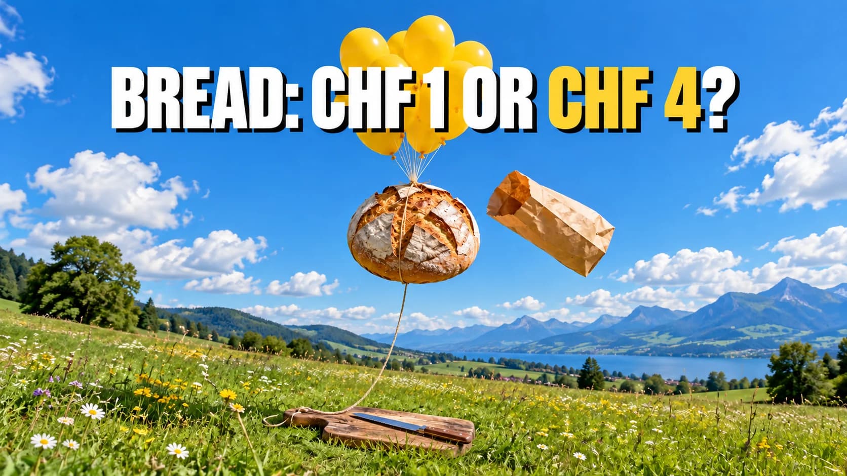 Round loaf suspended from yellow balloons above a meadow with a paper bag and cutting board.
