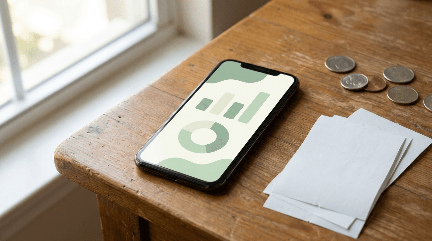 Smartphone avec tableau de bord de budget à côté de tickets et pièces: apps de budget et scanners de tickets en Suisse comparés neutrement avec Rappn.