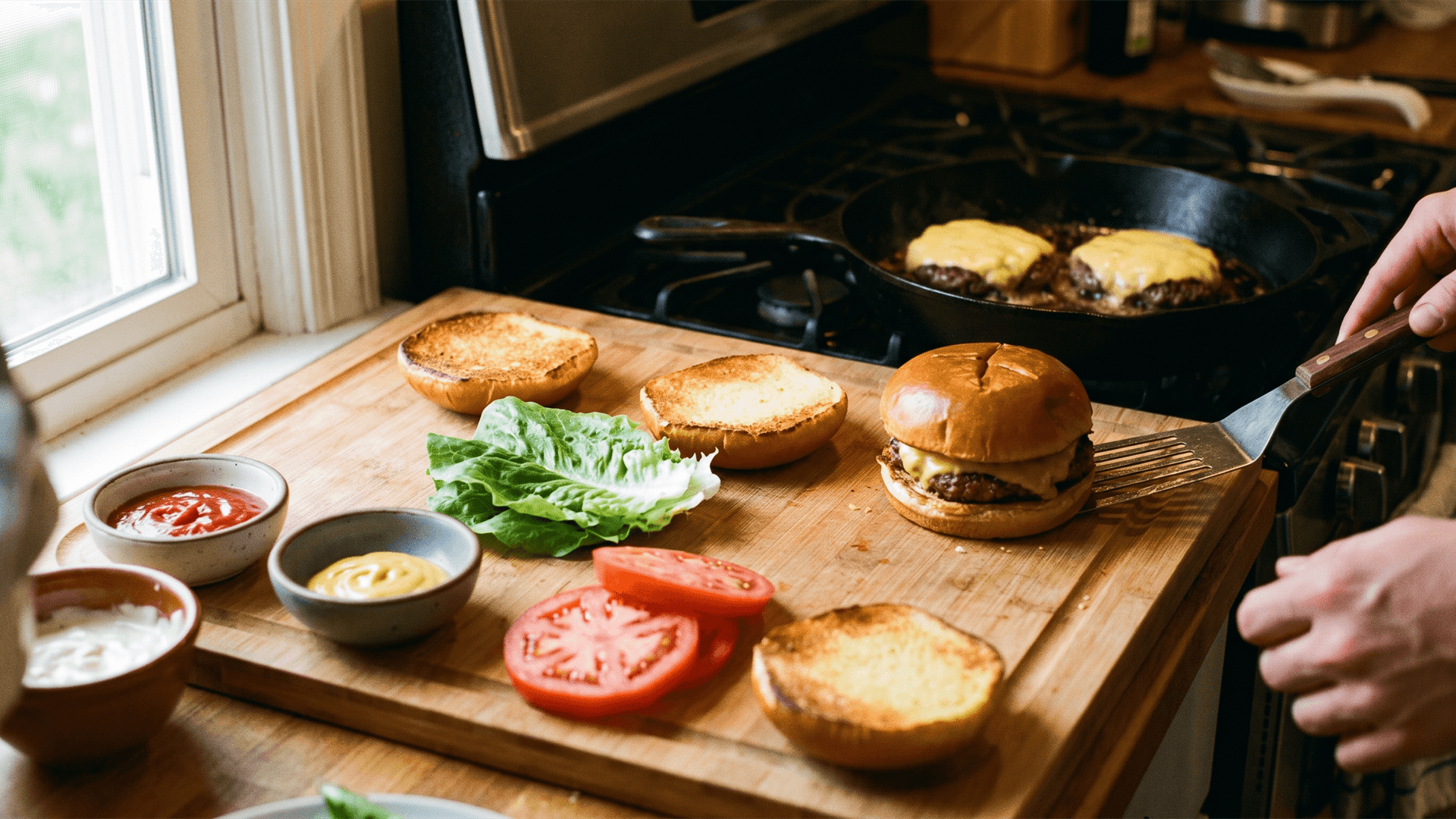 Homemade cheeseburgers with beef mince patties, cheese, salad and buns on a wooden board