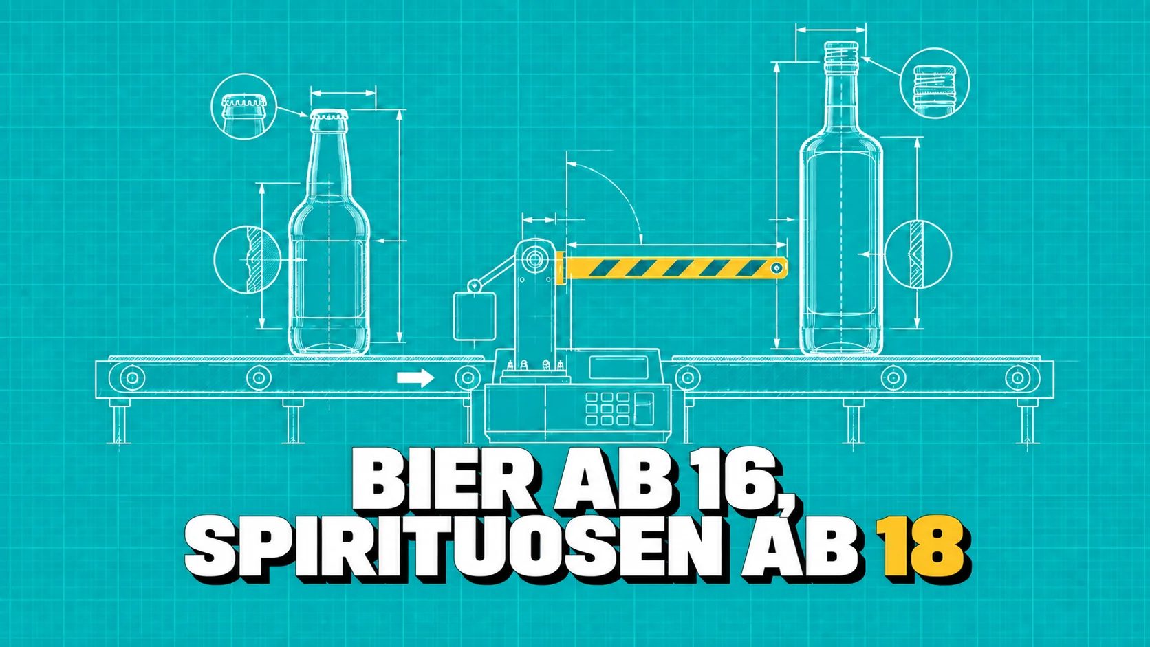 Technische Zeichnung zweier neutraler Alkoholflaschen, getrennt durch eine Kontrollschranke.