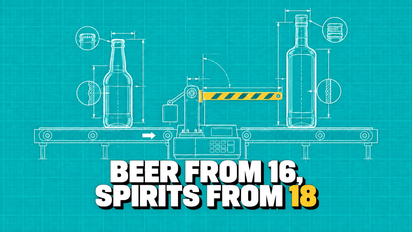 Technical drawing of two unlabelled alcohol bottles separated by a checkpoint barrier.