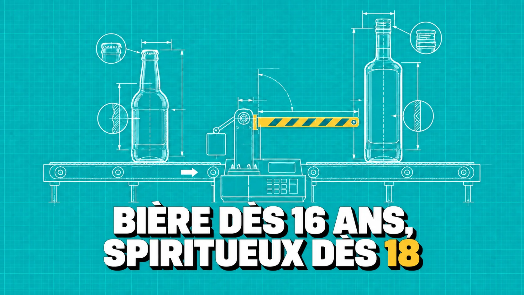 Dessin technique de deux bouteilles d’alcool neutres séparées par une barrière de contrôle.