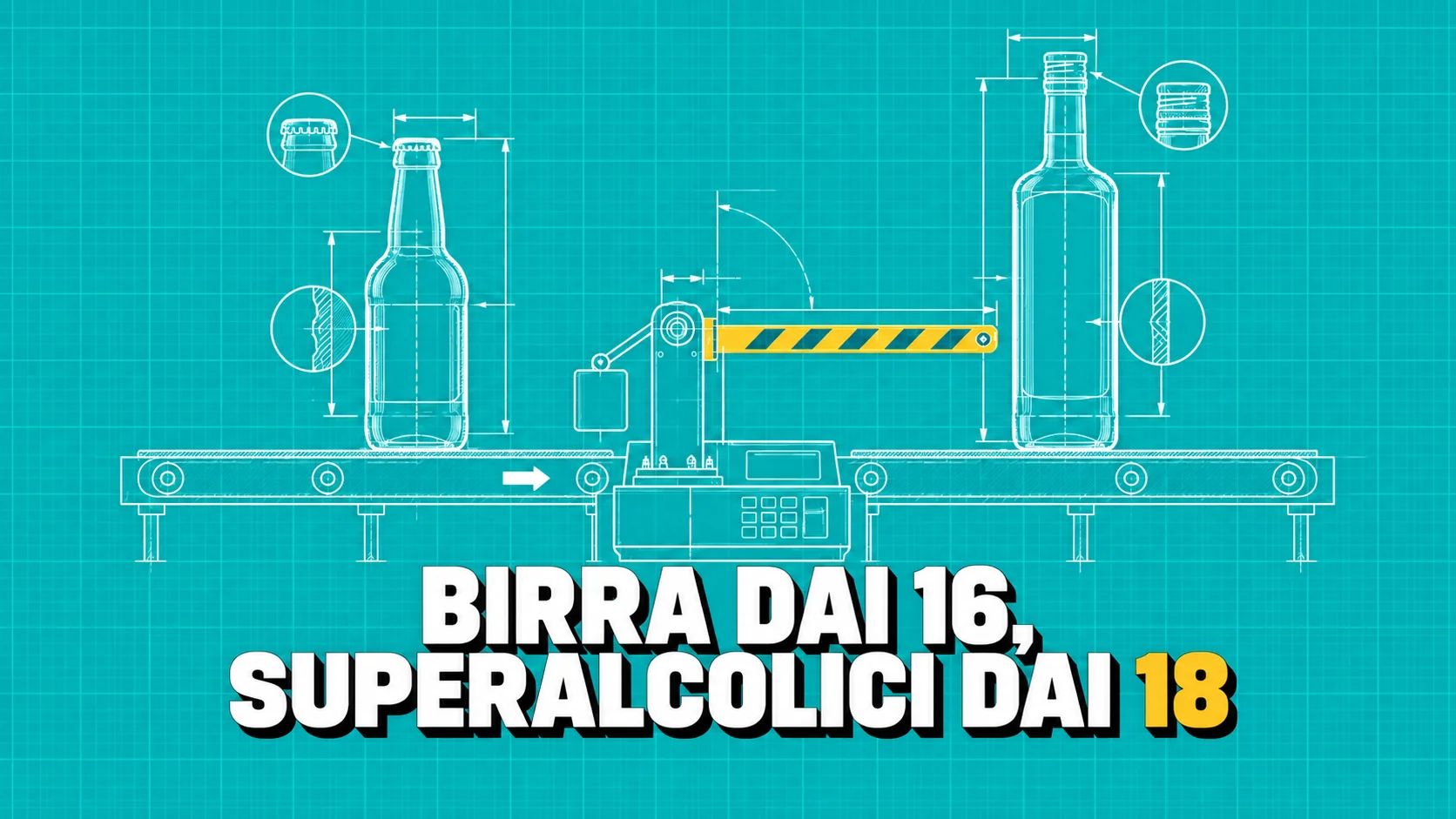 Disegno tecnico su carta blu di una bottiglia di birra e una di superalcolico separate da una sbarra di controllo