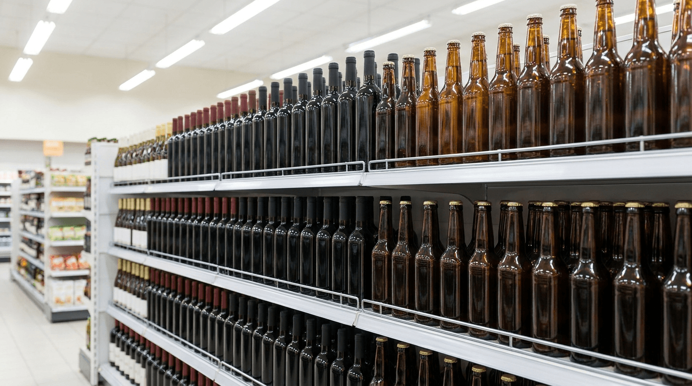 Rayon de bière, vin et spiritueux dans un supermarché suisse avec une mention sur l'âge minimum d'achat