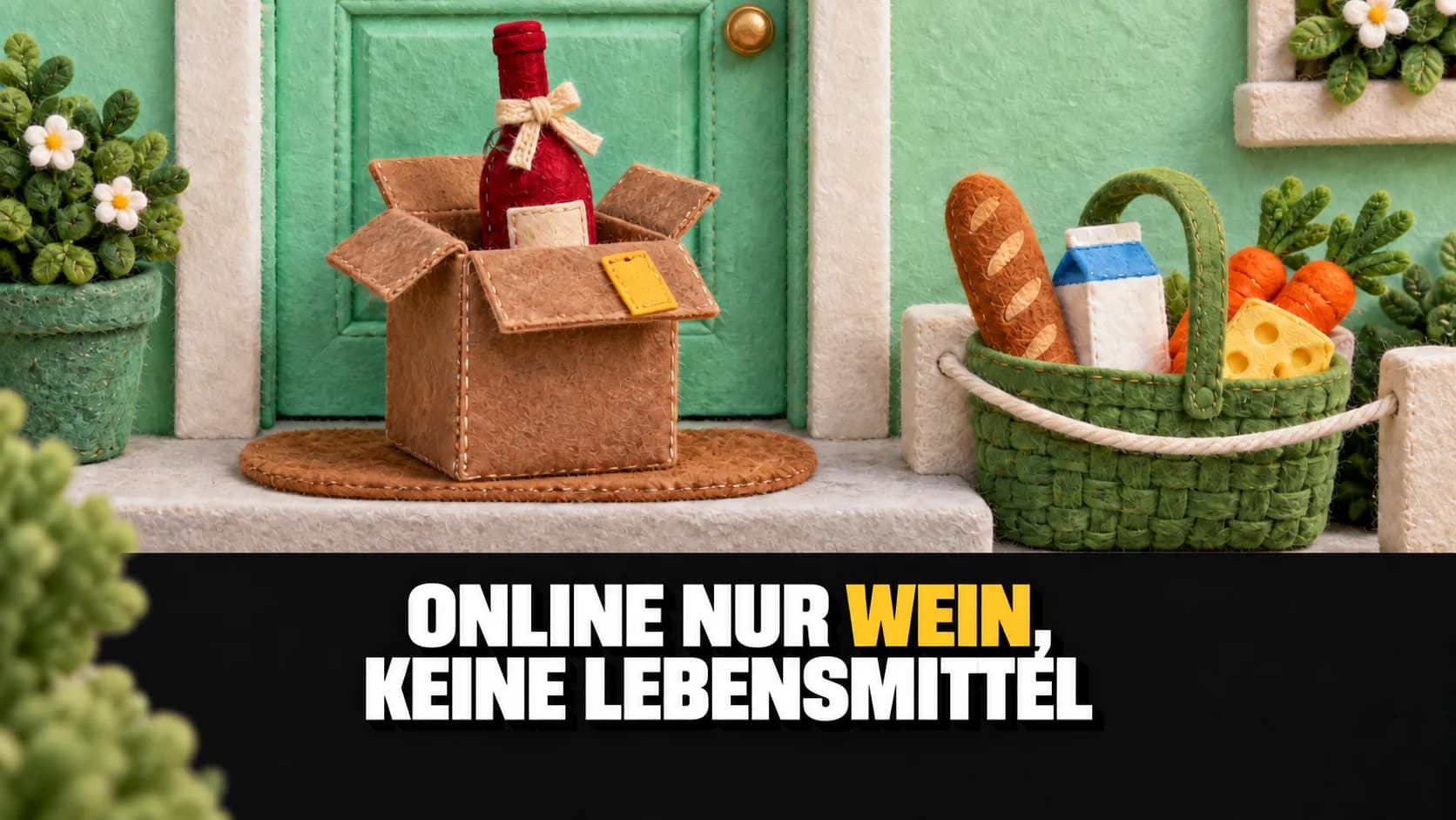 Filzpaket mit Weinflasche vor einer Haustür, daneben ein Einkaufskorb auf der Stufe.