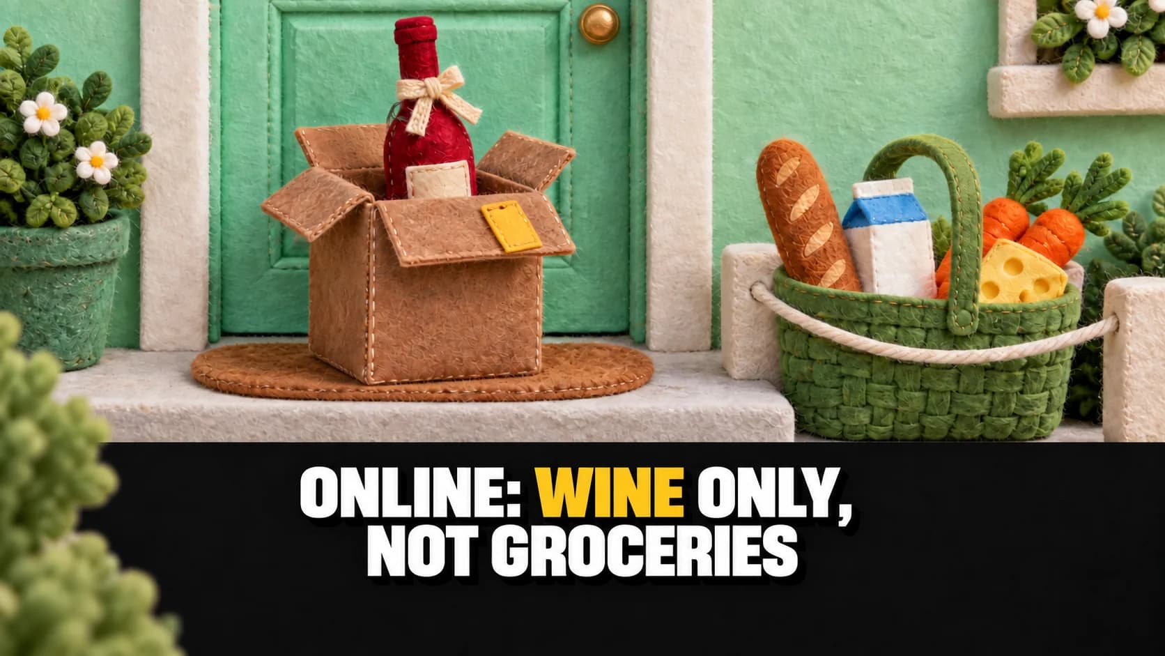 Felt parcel holding a wine bottle at a doorway, beside a basket on the step.