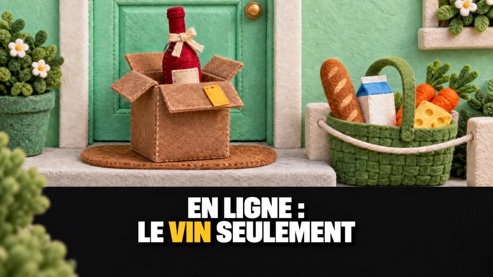 Colis en feutre avec bouteille de vin devant une porte et panier sur la marche.