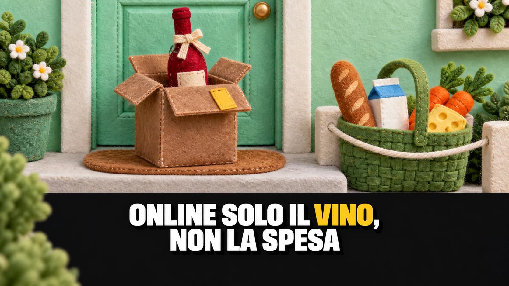Scena in feltro: un pacco di lana con dentro una bottiglia di vino davanti a una porta, e un cesto della spesa in feltro lasciato fuori sul gradino