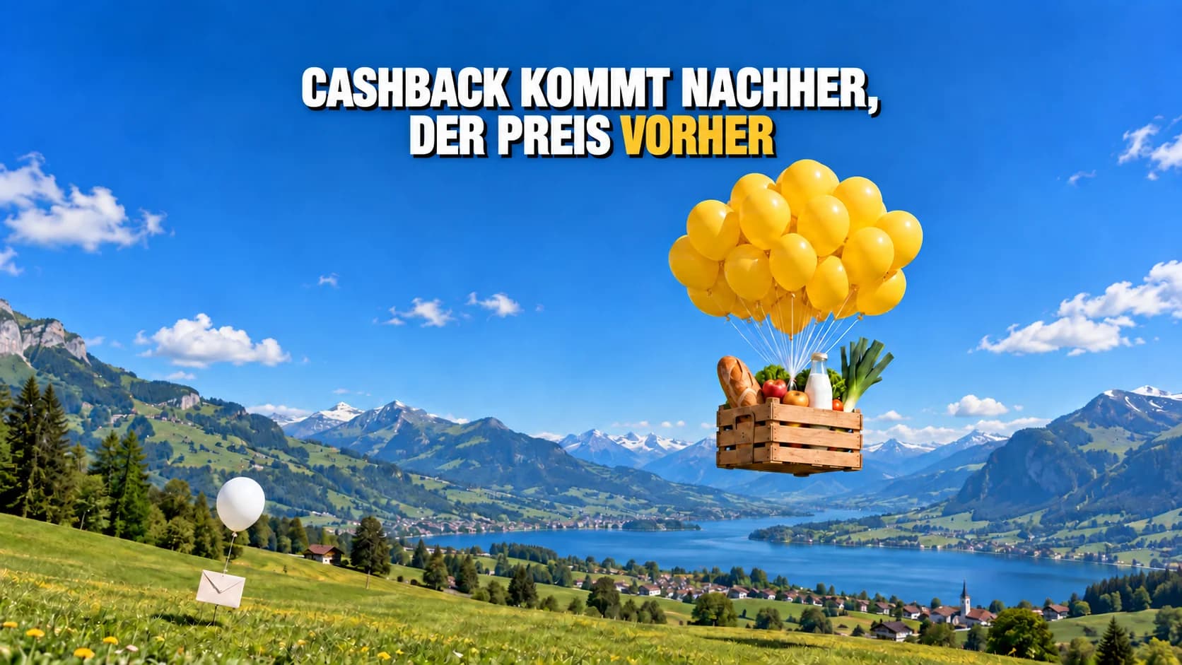 Lebensmittelkiste an gelben Ballons und ein Umschlag weiter unten.