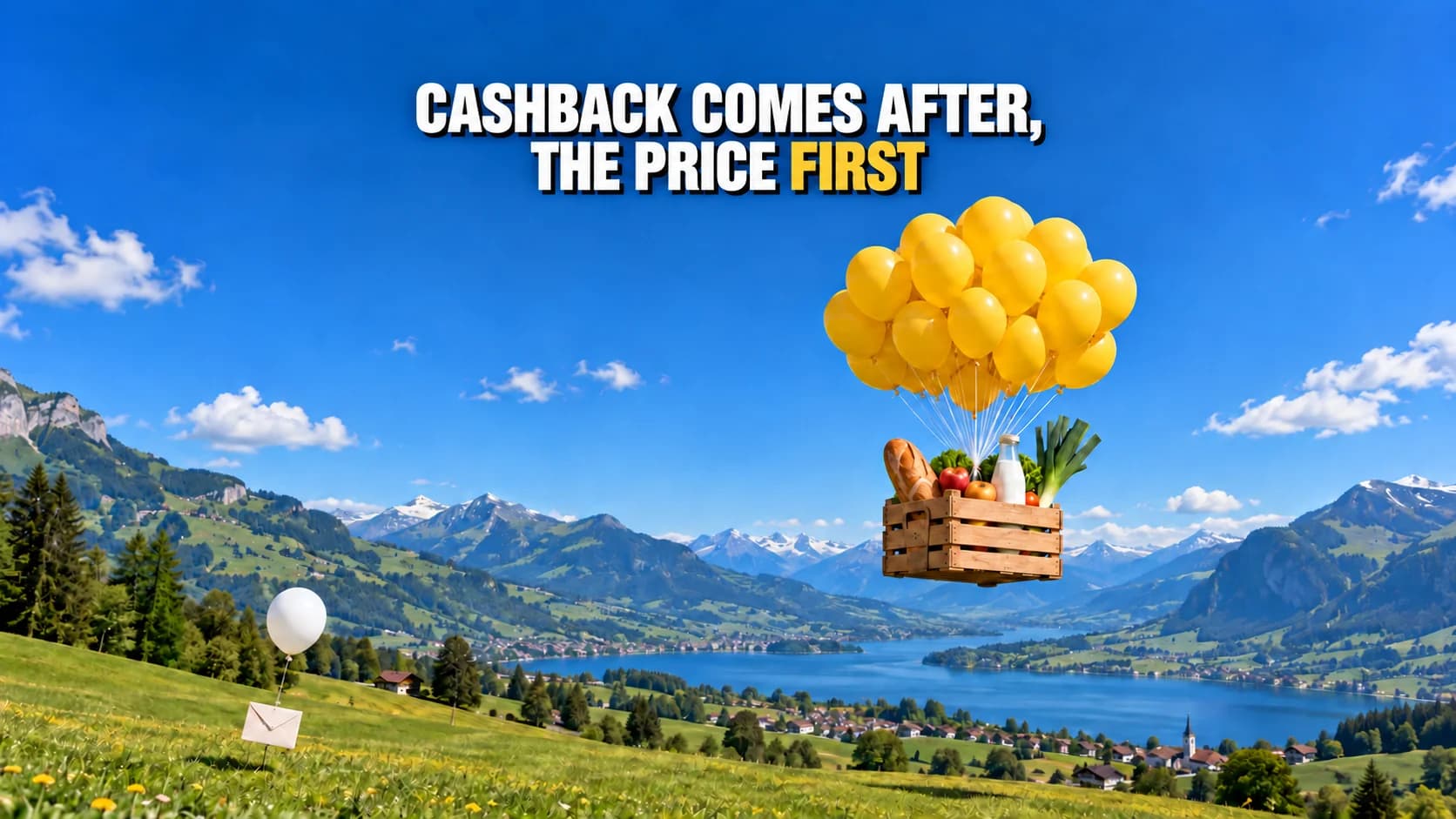 Grocery crate lifted by yellow balloons with an envelope lower down.