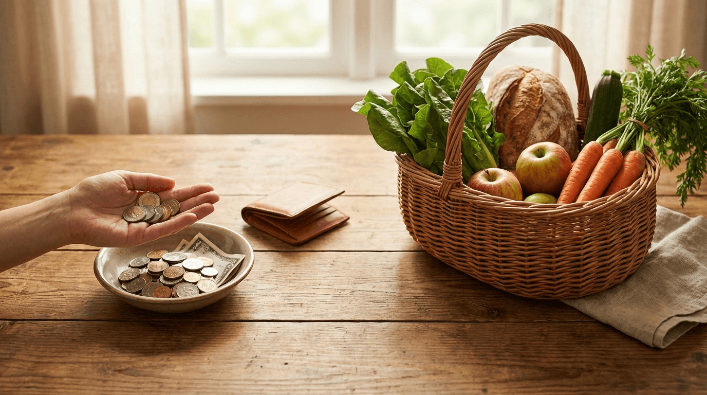 Des pièces dans une main à côté d'un panier de produits frais: le cashback d'environ 1 pour cent face à un comparateur de prix neutre sur toutes les enseignes dans Rappn.