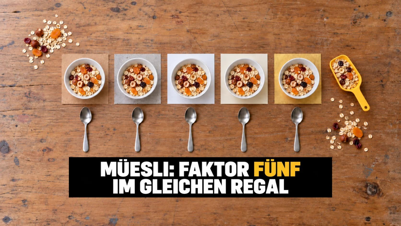Flatlay auf einem Holzpult mit fünf identischen Müeslischalen, jede auf einem anderen Papierquadrat, darunter fünf ausgerichtete Löffel.