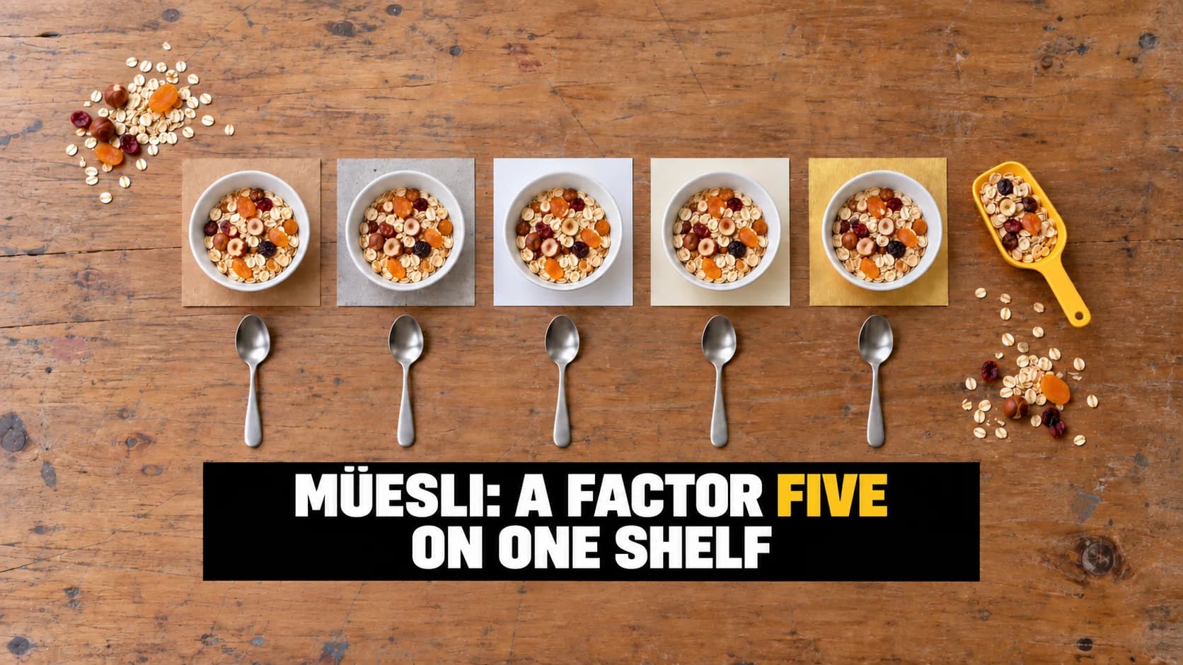 Flat lay on a wooden desk with five identical bowls of muesli, each on a different paper square, and five aligned spoons.