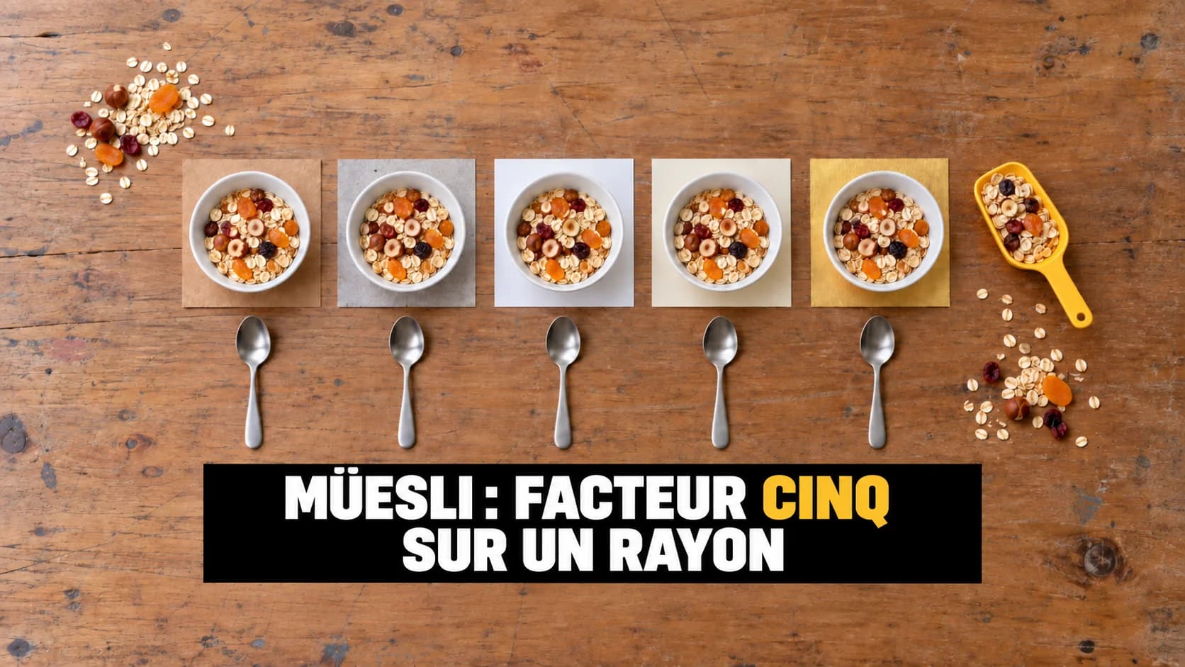 Flat lay sur un pupitre en bois : cinq bols de müesli identiques, chacun sur un carré de papier différent, et cinq cuillères alignées.