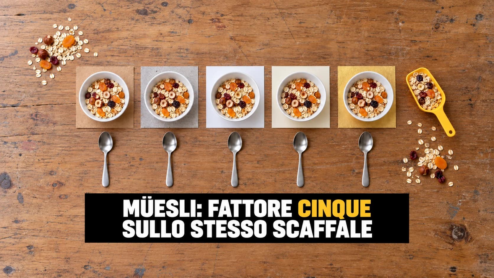 Flat lay su un banco di legno con cinque ciotole identiche di müesli, ognuna su un quadrato di carta diverso, e cinque cucchiai allineati.