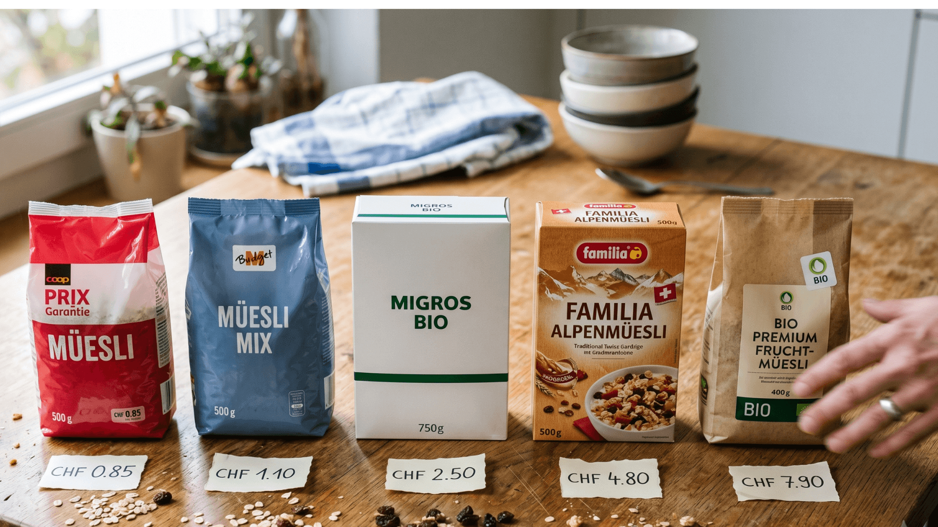Familia, Bircher and supermarket private-label müesli packages side-by-side on a Swiss kitchen table