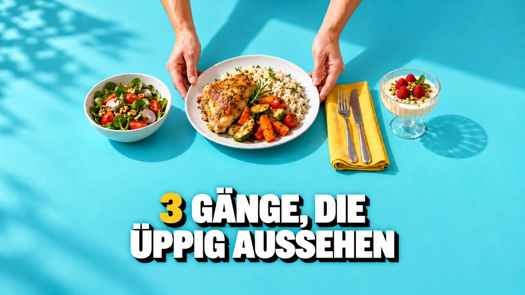 Drei Gänge und Hände an einem türkisen Tisch.