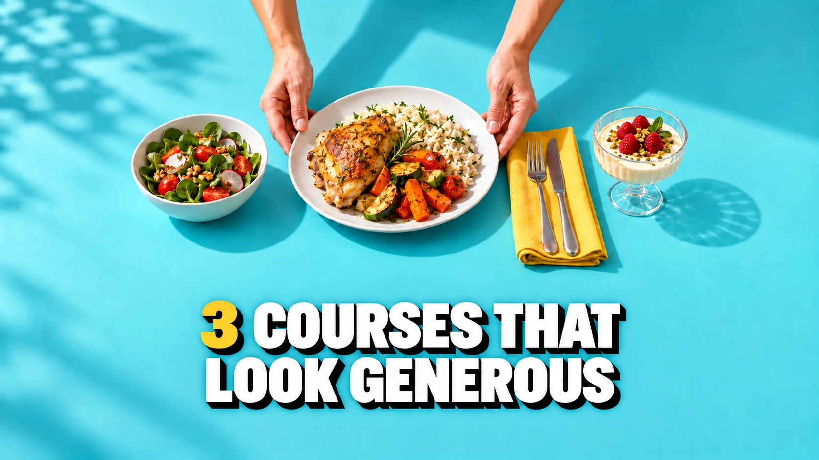 Three courses and hands around a turquoise table.