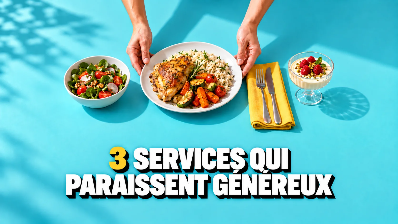 Trois plats et des mains autour d’une table turquoise.