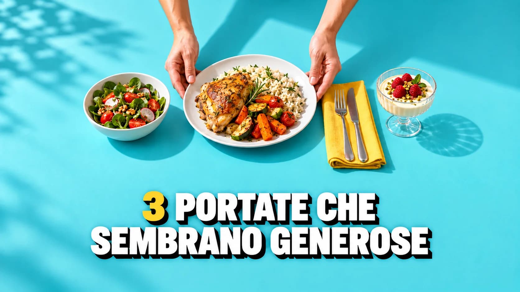 Tre portate e mani intorno a una tavola turchese.