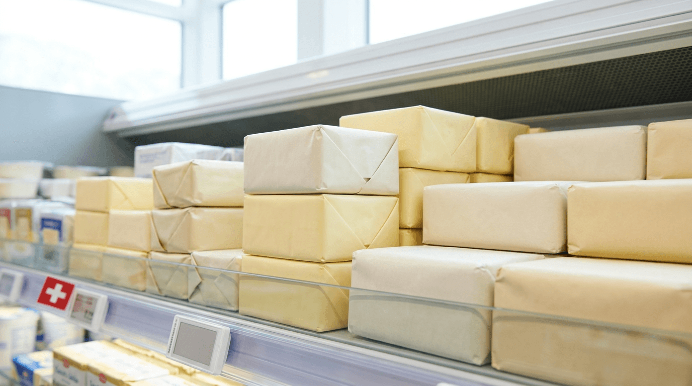 Butter blocks and packs neatly arranged on a bright Swiss supermarket dairy shelf, compared by type and value