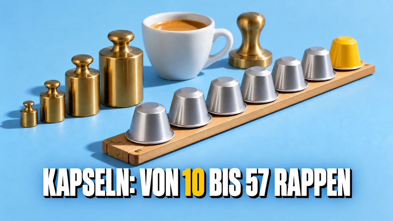 Neutrale Kaffeekapseln auf einem unmarkierten Holzlineal neben Messinggewichten und Espresso.