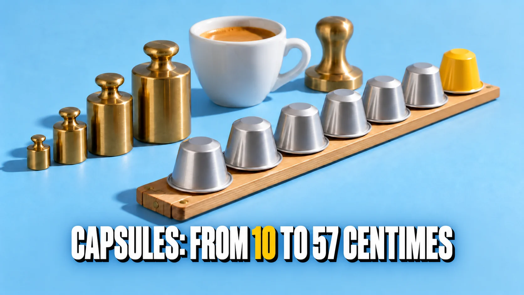 Unbranded coffee capsules on an unmarked wooden rule beside brass weights and espresso.