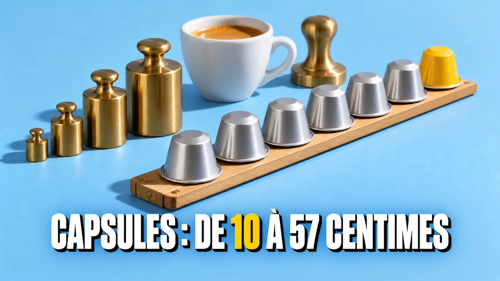 Capsules de café sans marque sur une règle en bois vierge, près de poids en laiton et d’un espresso.
