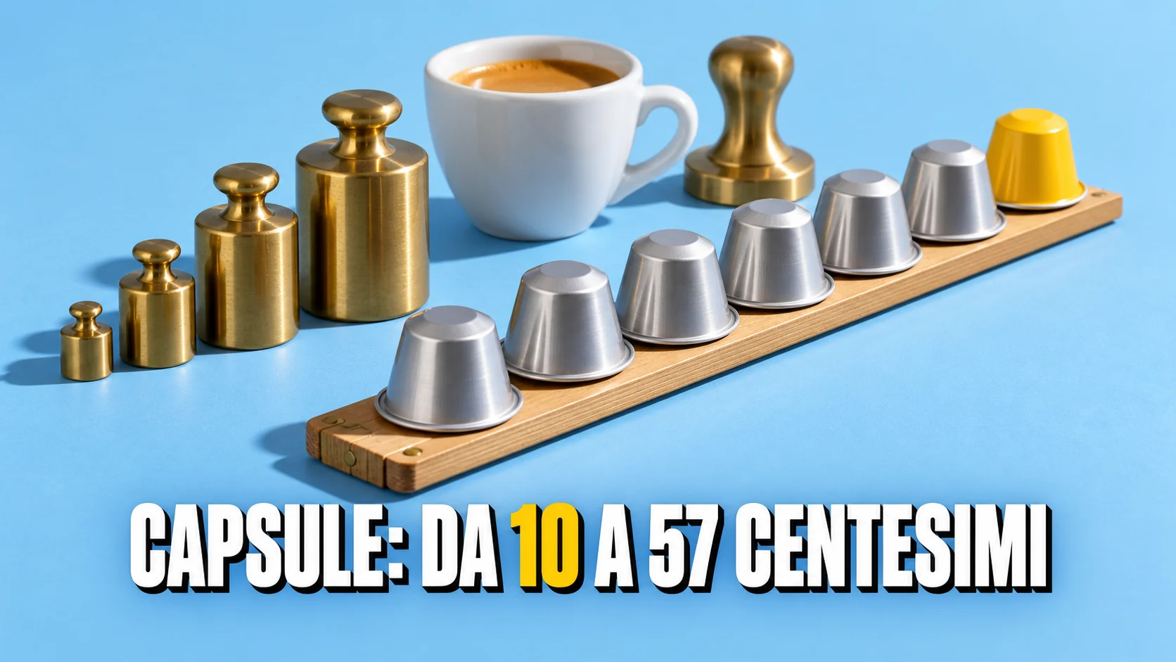 Capsule di caffè in alluminio senza stampa allineate su un metro di legno senza tacche, accanto a pesi d’ottone e una tazzina di espresso.