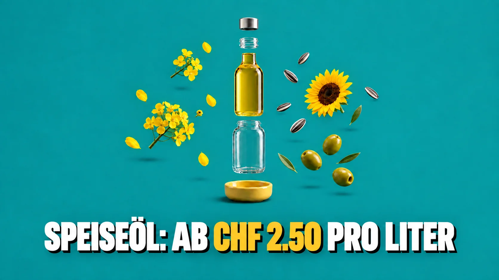 In Schichten zerlegte Ölflasche, der Ölzylinder schwebt frei in der Luft