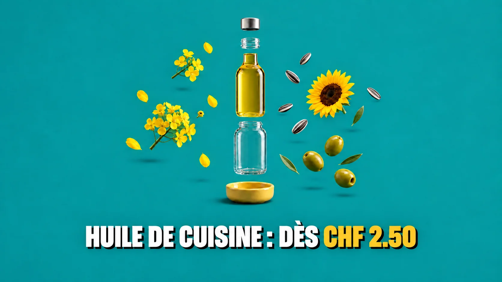 Bouteille d’huile décomposée en couches, le cylindre d’huile suspendu en l’air